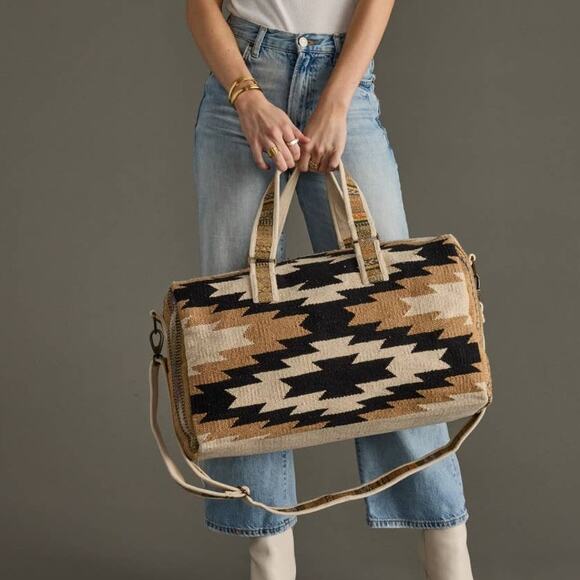 Western Aztec Cotton Duffel Travel Bag Cream Black Tan - Picture 2 of 4